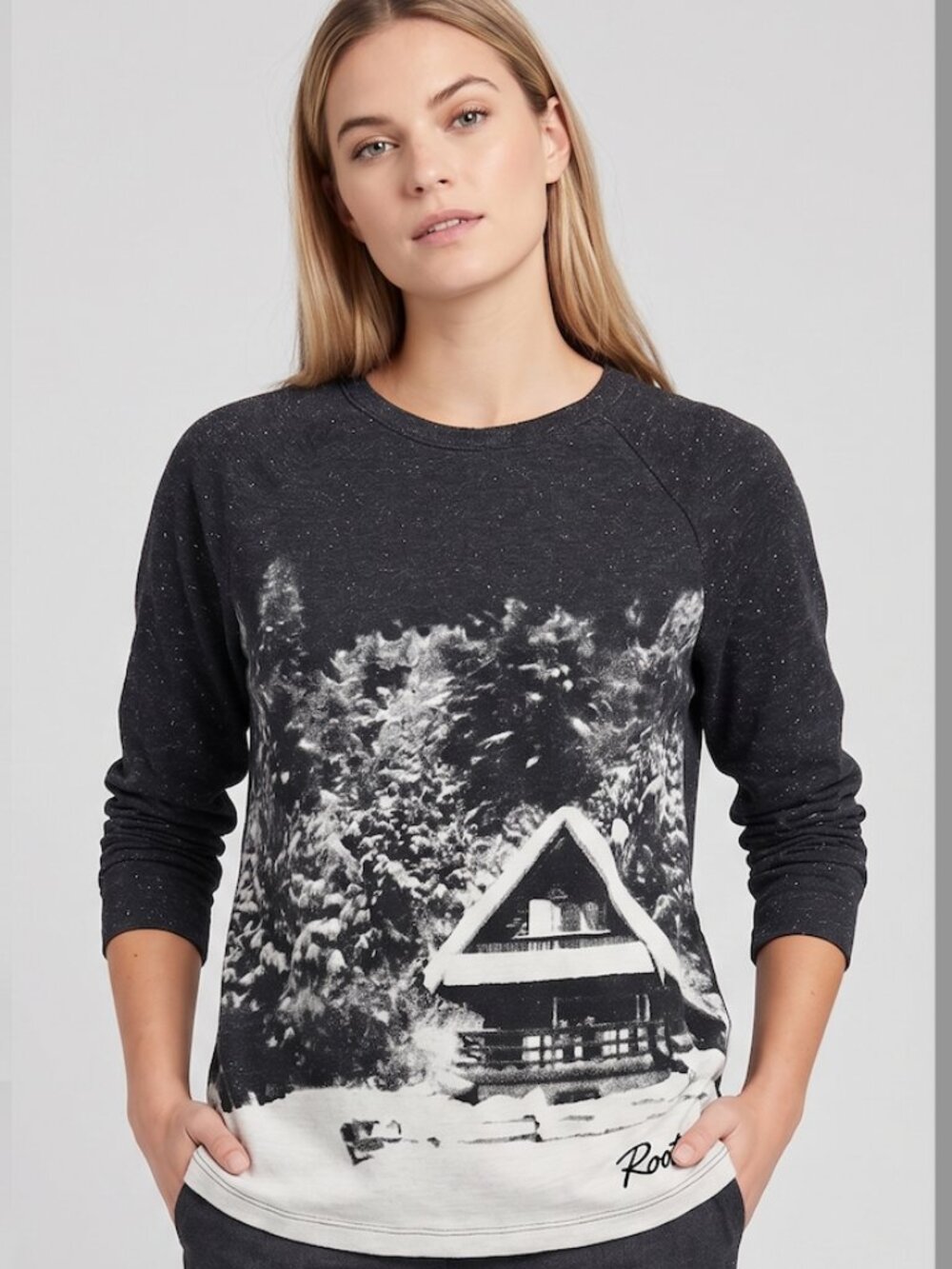 Roots Women’s Charcoal Speckled Graphic Long Sleeve Top | Cabin Print | Size Sma